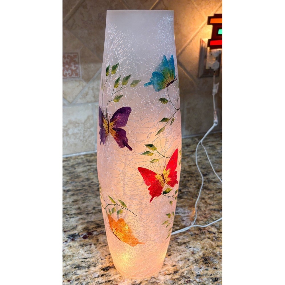 Lighted Crackle Glass Decorative Vase Butterflies And Leaves 16 Inch